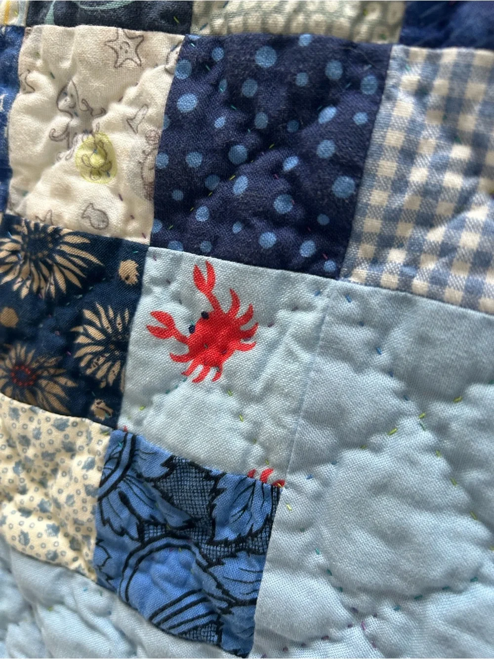 Hand stitched Blue Patchwork Baby Quilt. Size 37”x37”. Freshly laundered, ready